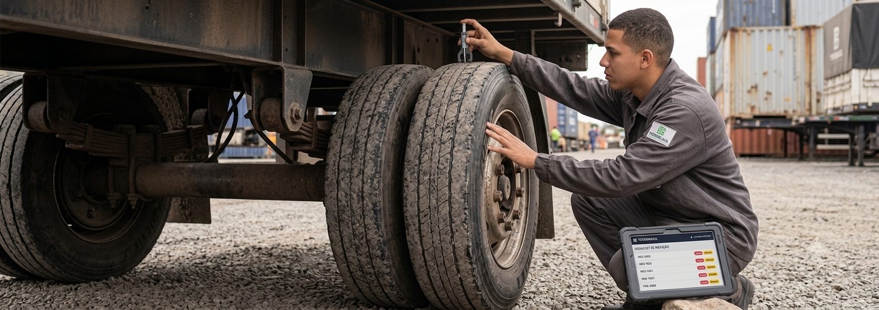 Vistoriador inspecionando o sulco do pneu da carreta no pátio