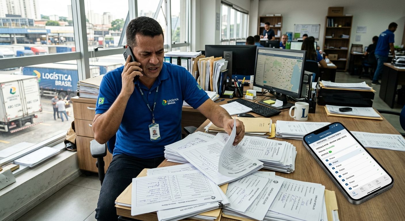 Gestor sobrecarregado por papelada e planilhas ao telefone